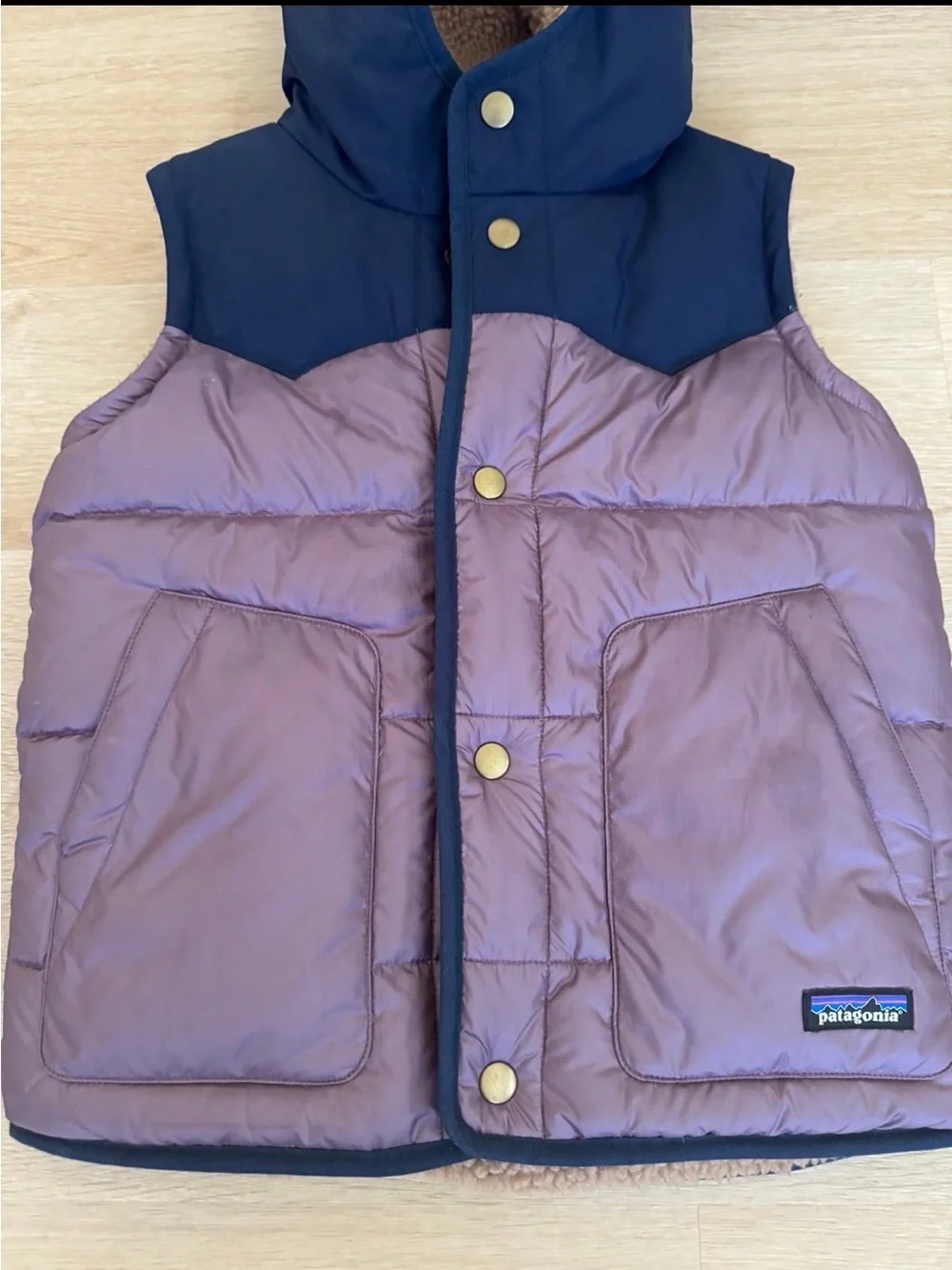 Patagonia Kids Hooded Puffer Vest in Navy & Mauve